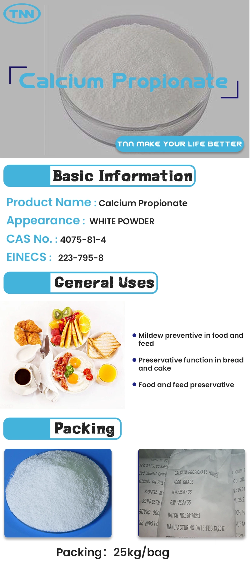 FCC and E282 Preservative Calcium Propionate 98% Cp Animal Feed Additive